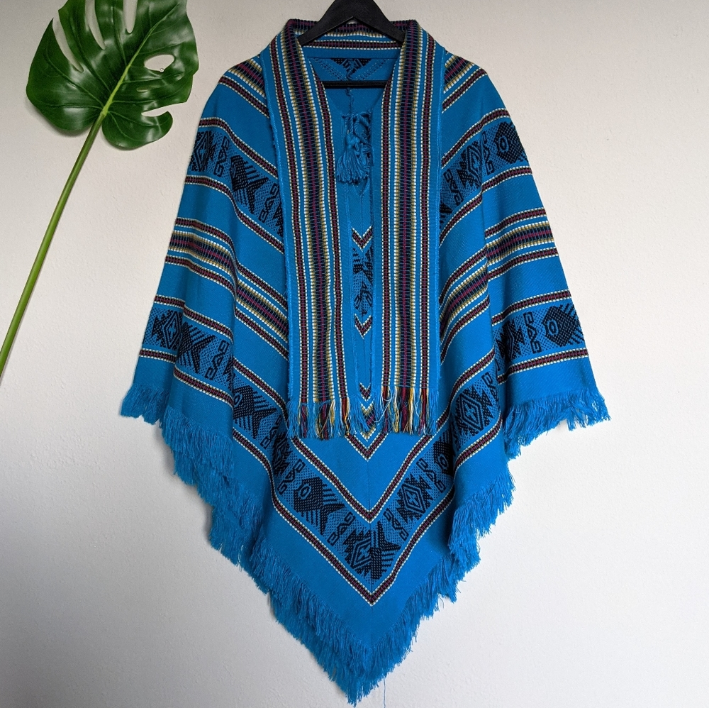 SOLD 🤠 Turquoise western wool Aztec poncho cape - Picture 2 of 6